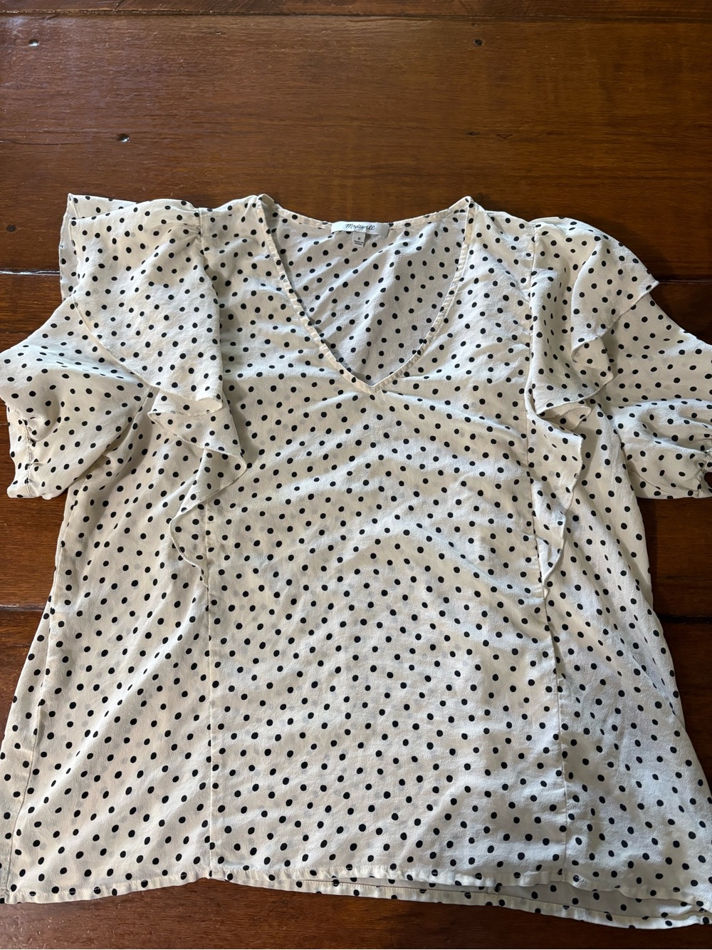 Madewell Cream Polka Dot V-Neck Ruffle Sleeve Silk Top